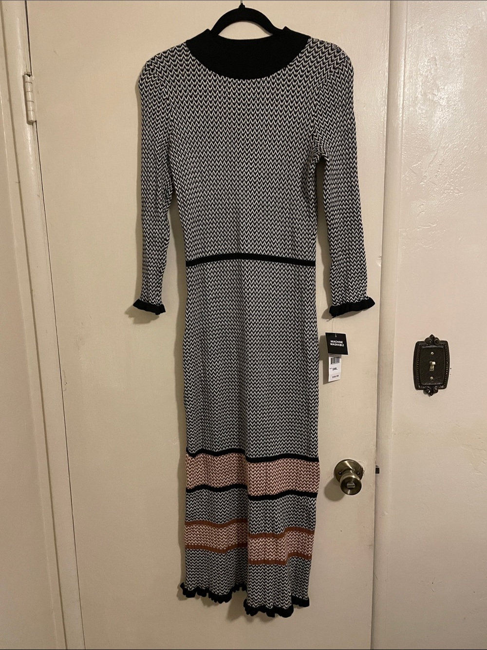 Women’s Chevron Knit Long Sleeve Dress - Black/White with Pink & Tan Stripes